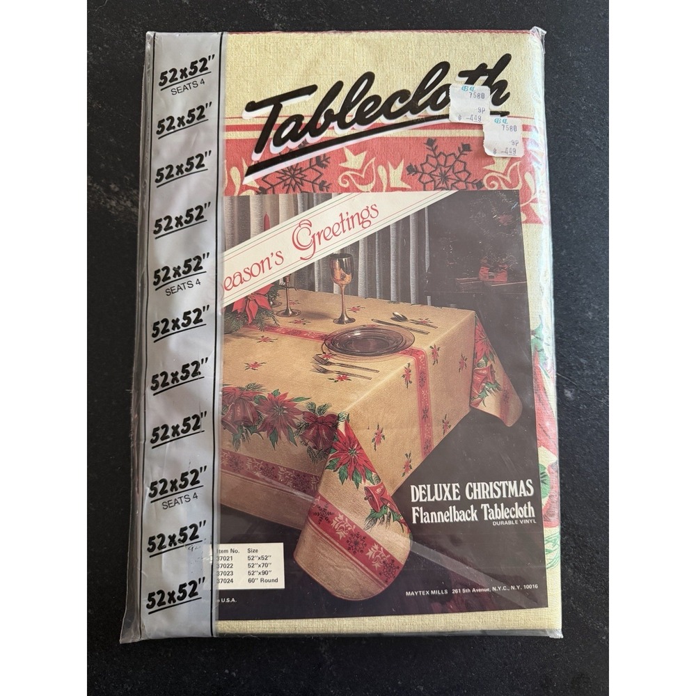 Vtg Tablercraft Maytex Mills Christmas Tablecloth 52x52 Flannel Back Vinyl‎ NOS